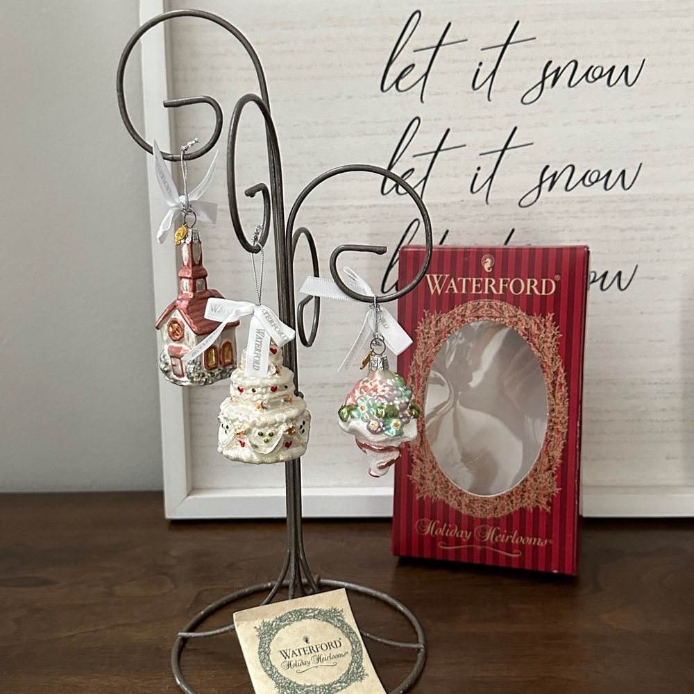 Waterford Holiday Heirlooms Minature Wedding Ornament Set with display stand.